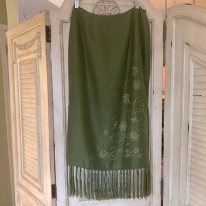 Clio olive green silk with embroidery fringe skirt